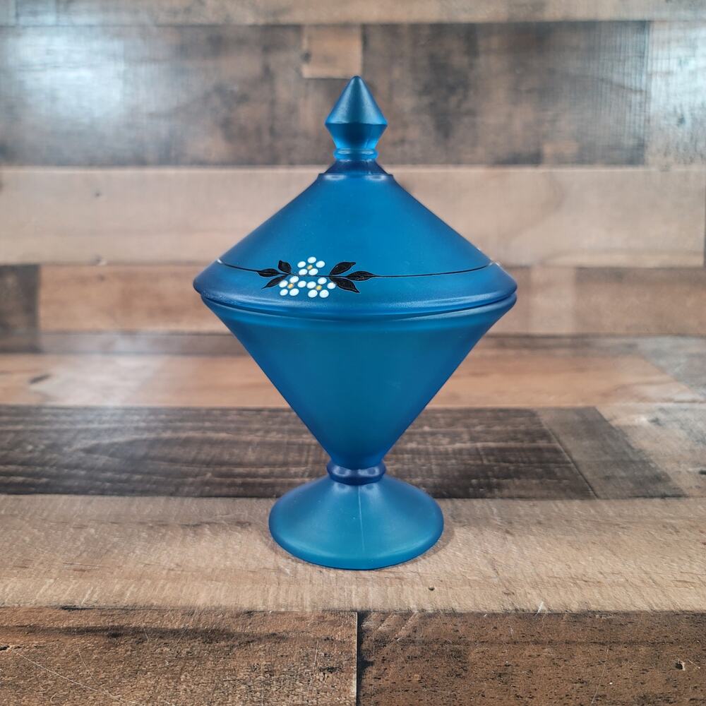 Vintage Westmorland Hand Painted Blue Satin Cone Shaped Glass Candy Dish